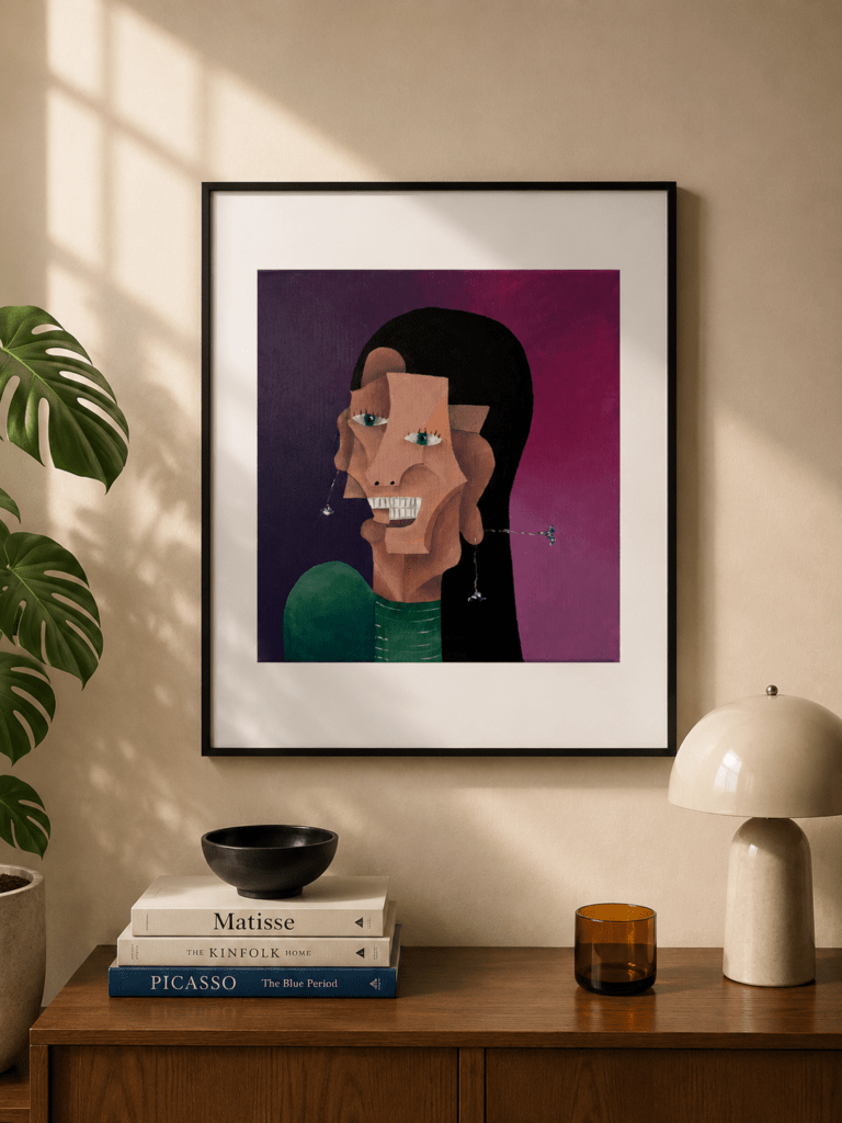 Kubistyczny portret kobiety na purpurowym tle jako nowoczesna dekoracja ścienna