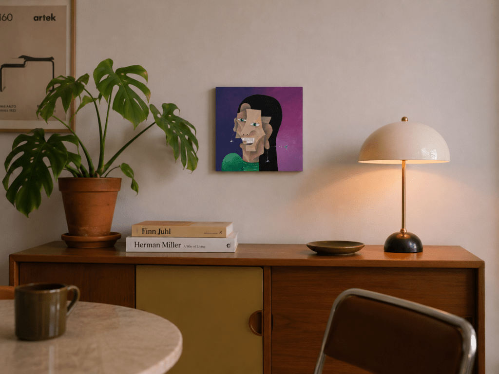Kubistyczny portret kobiety na purpurowym tle jako nowoczesna dekoracja ścienna