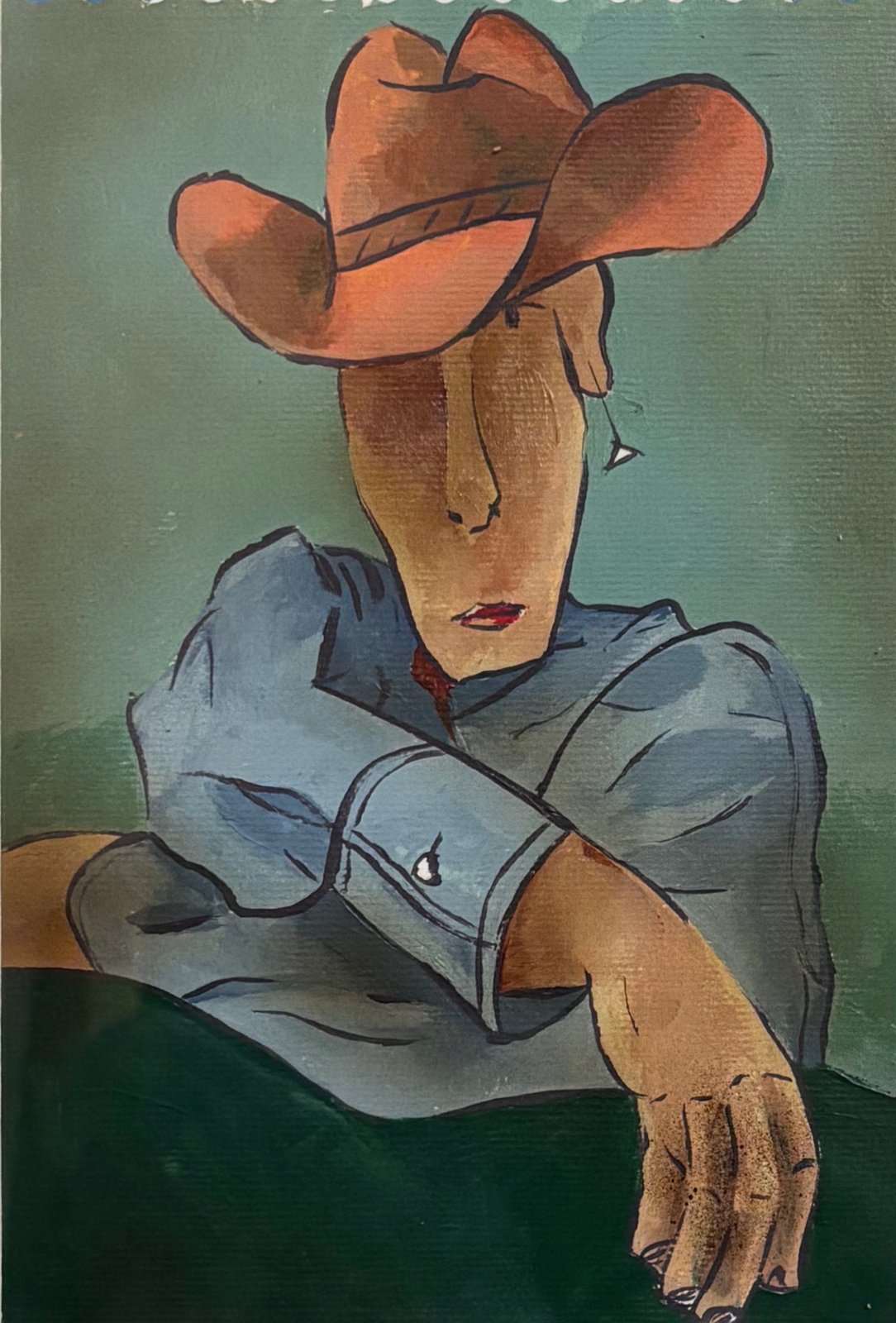 The Host – Cowboy painting: a figure in an orange hat and blue shirt on a green background