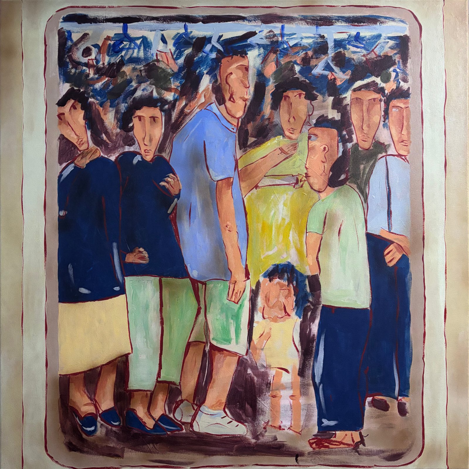 The Host – Metro painting: a crowd on a metro platform in the morning, in blue and green clothes