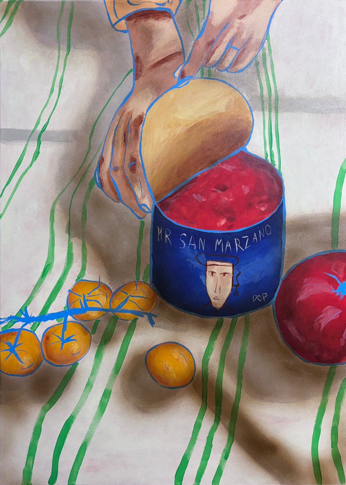 Still life Mr. San Marzano: a can of tomatoes, hands lifting the lid, tomatoes on a green-striped cloth