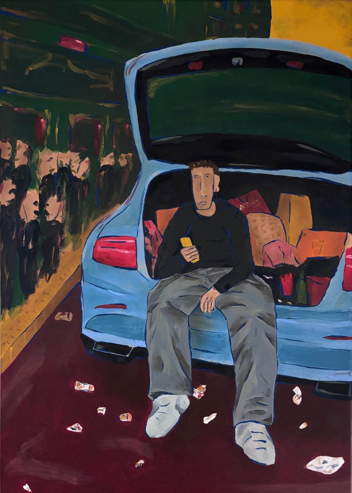 Acrylic painting Stolica: a young man sitting in the trunk of a light-blue car with shopping bags against a night city