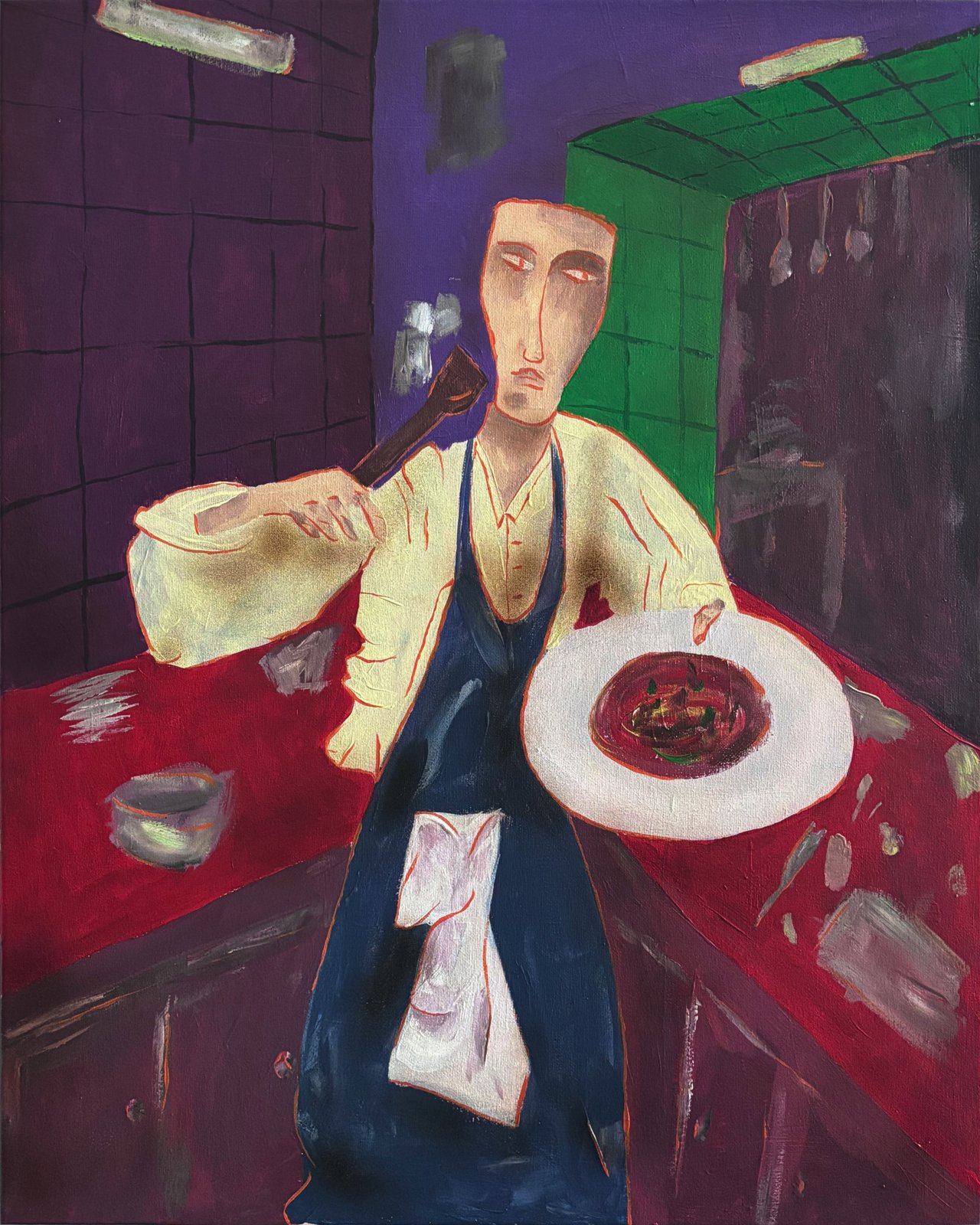 Acrylic painting In the Kitchen: a chef holding a plate in a dark kitchen, with reds, purples and greens